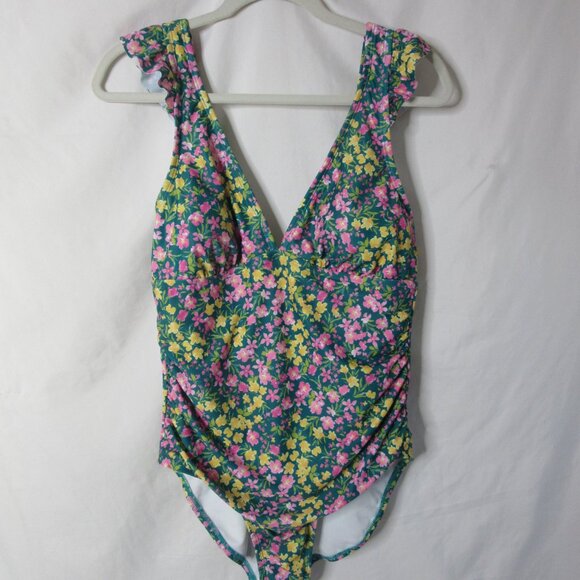 Kona Sol One Piece Swimsuit Ruffle Shoulder Green Floral Size Large NWT - Picture 4 of 7